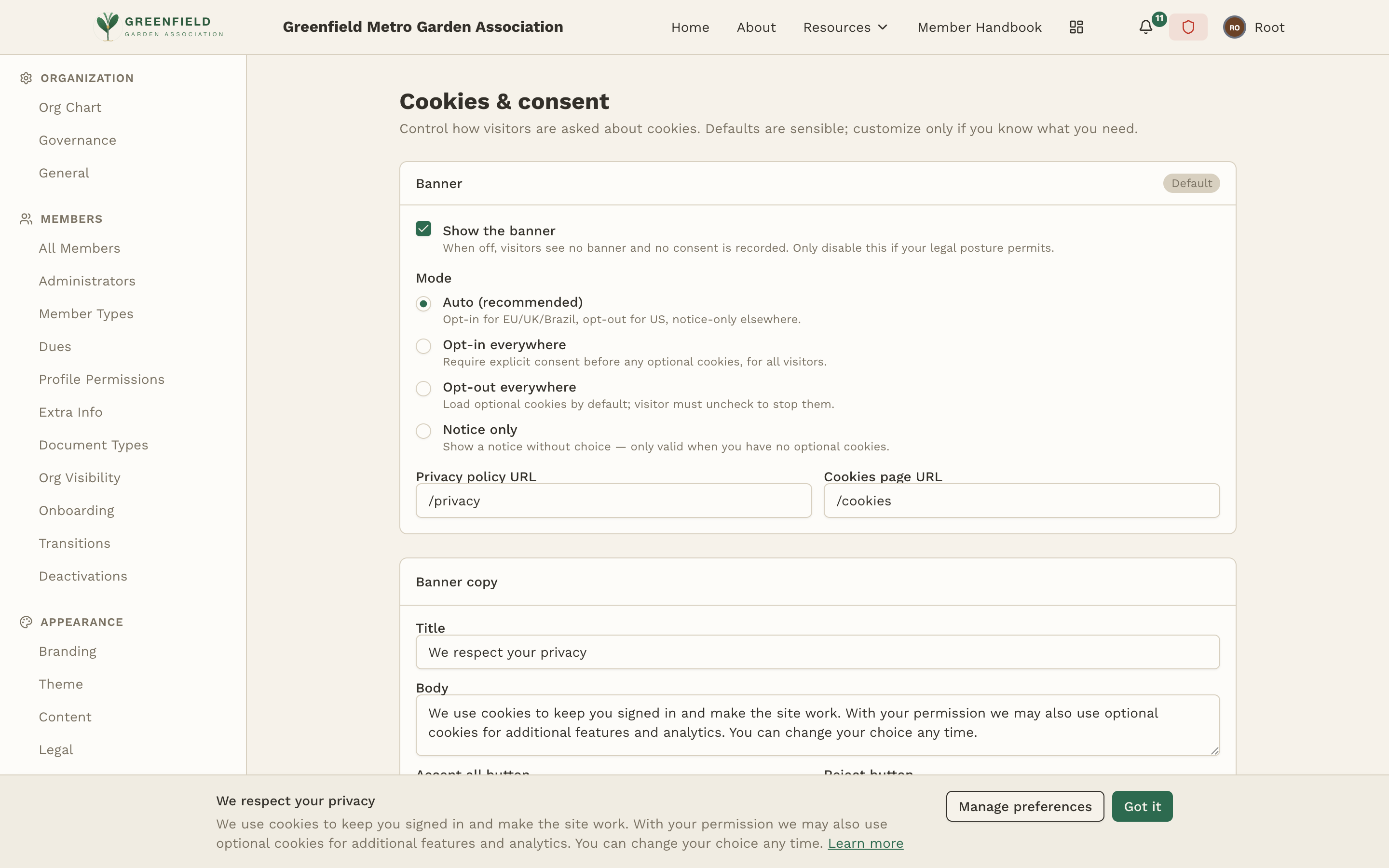 The Cookies & consent admin page