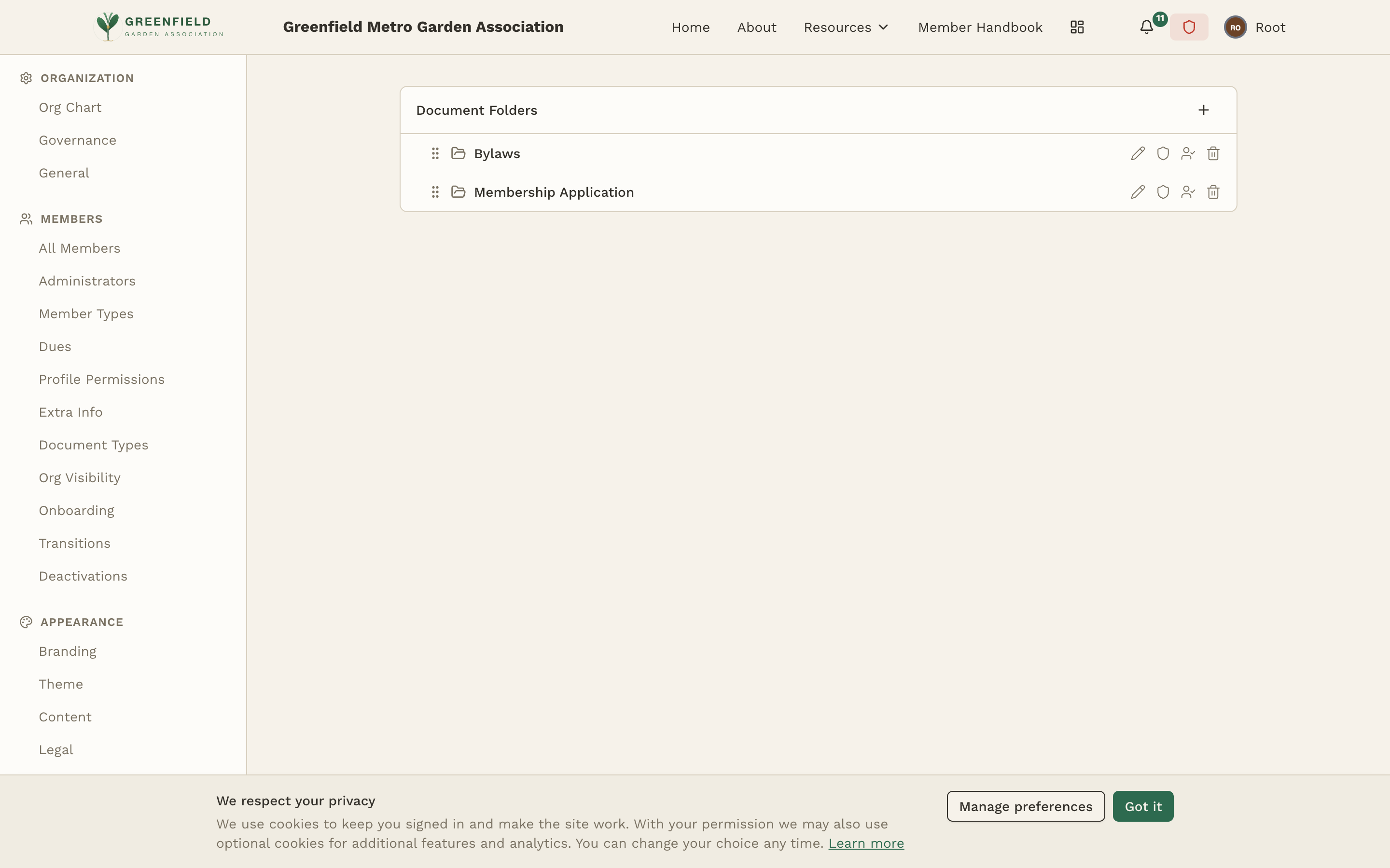 The Documents admin panel.