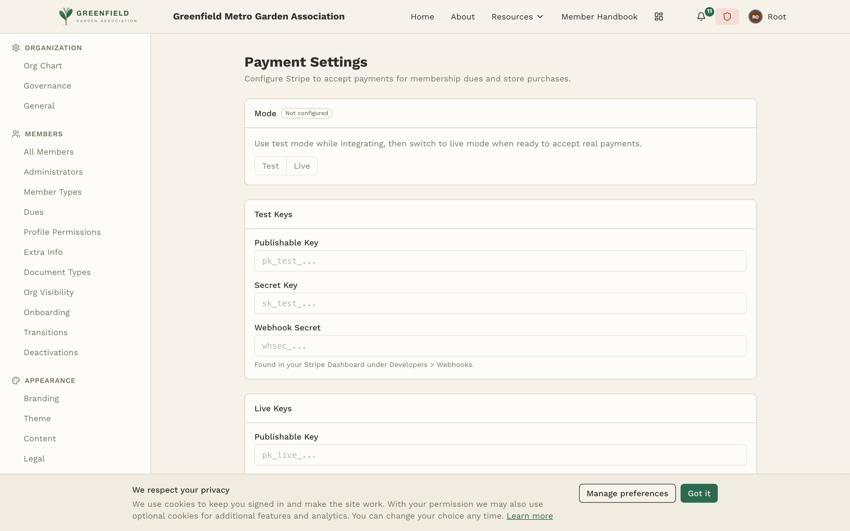 The Payment Settings page, ready for Stripe keys.