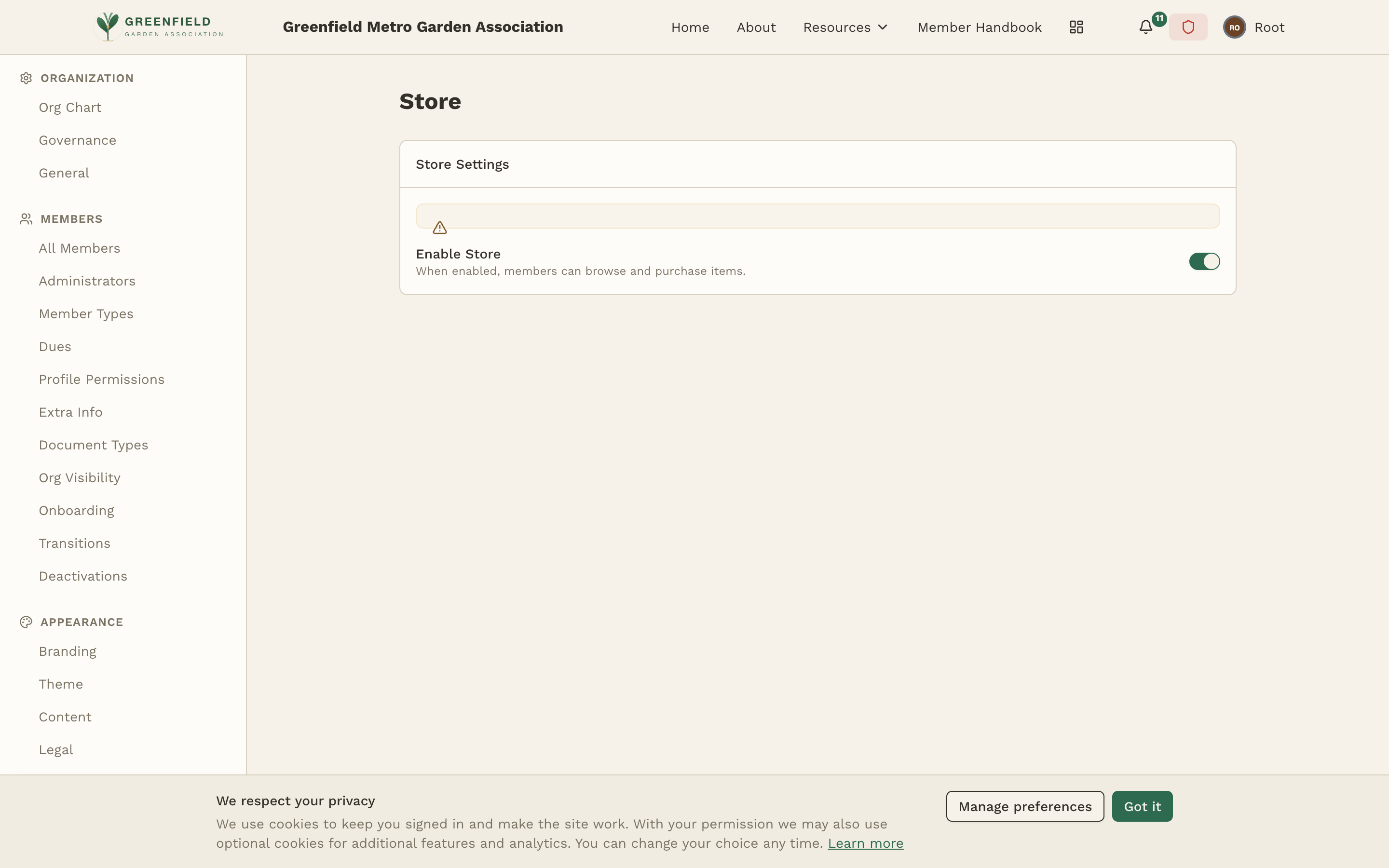 The Store toggle on the Admin panel.