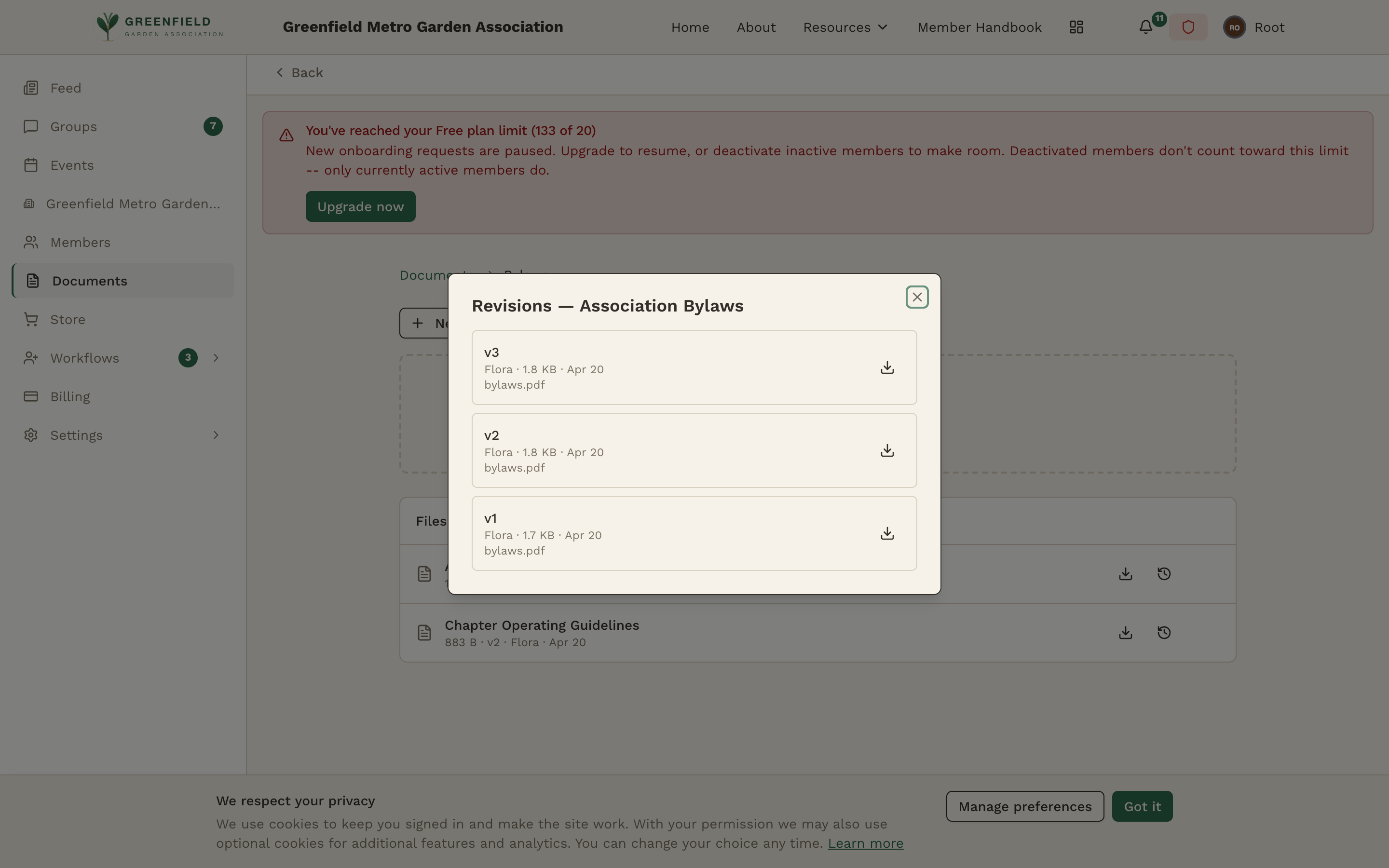 A 'Revisions — Association Bylaws' dialog listing three versions (v3, v2, v1), each with uploader, size, timestamp, filename, and a download button.