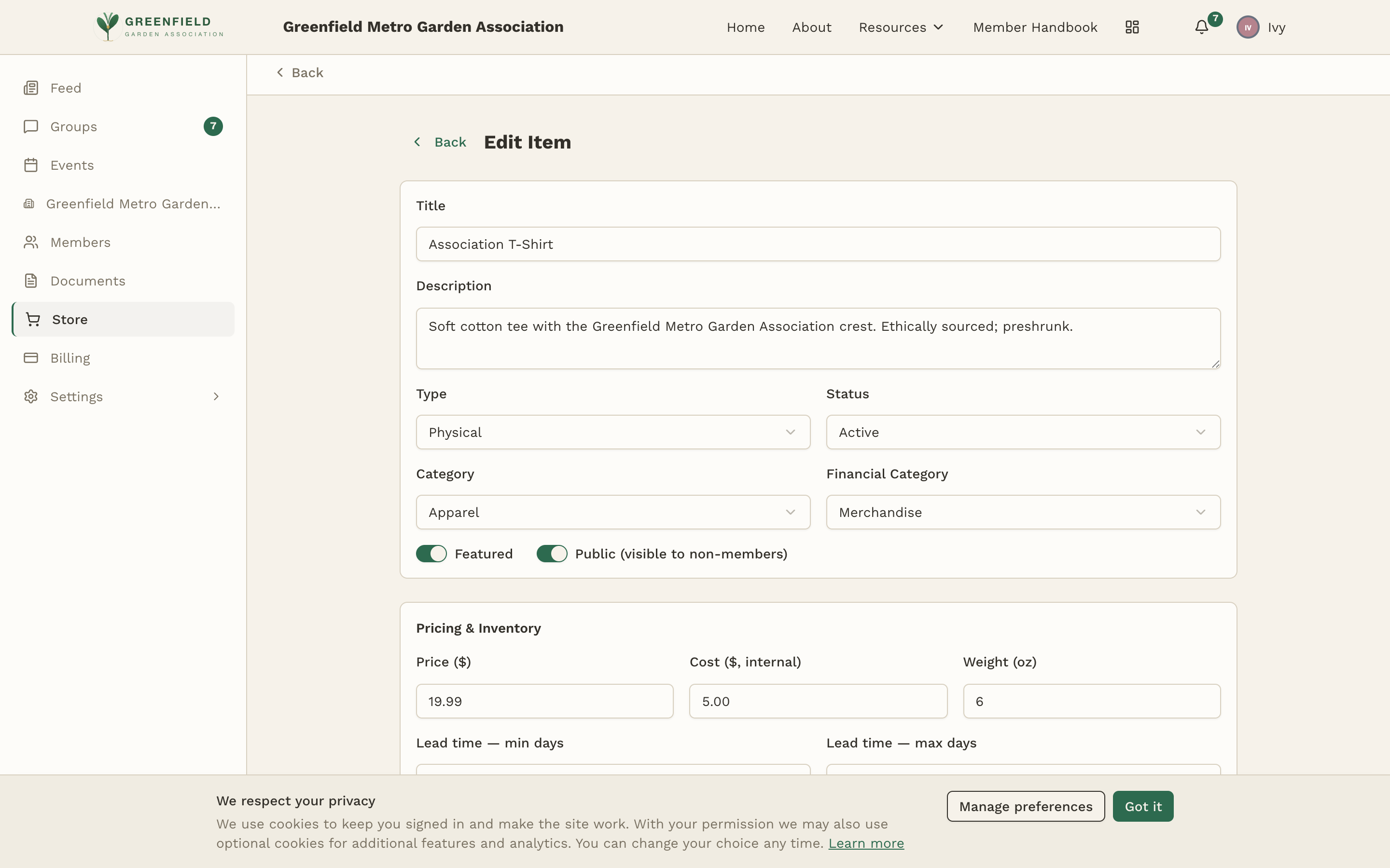 The item editor, showing the fields for a physical product.