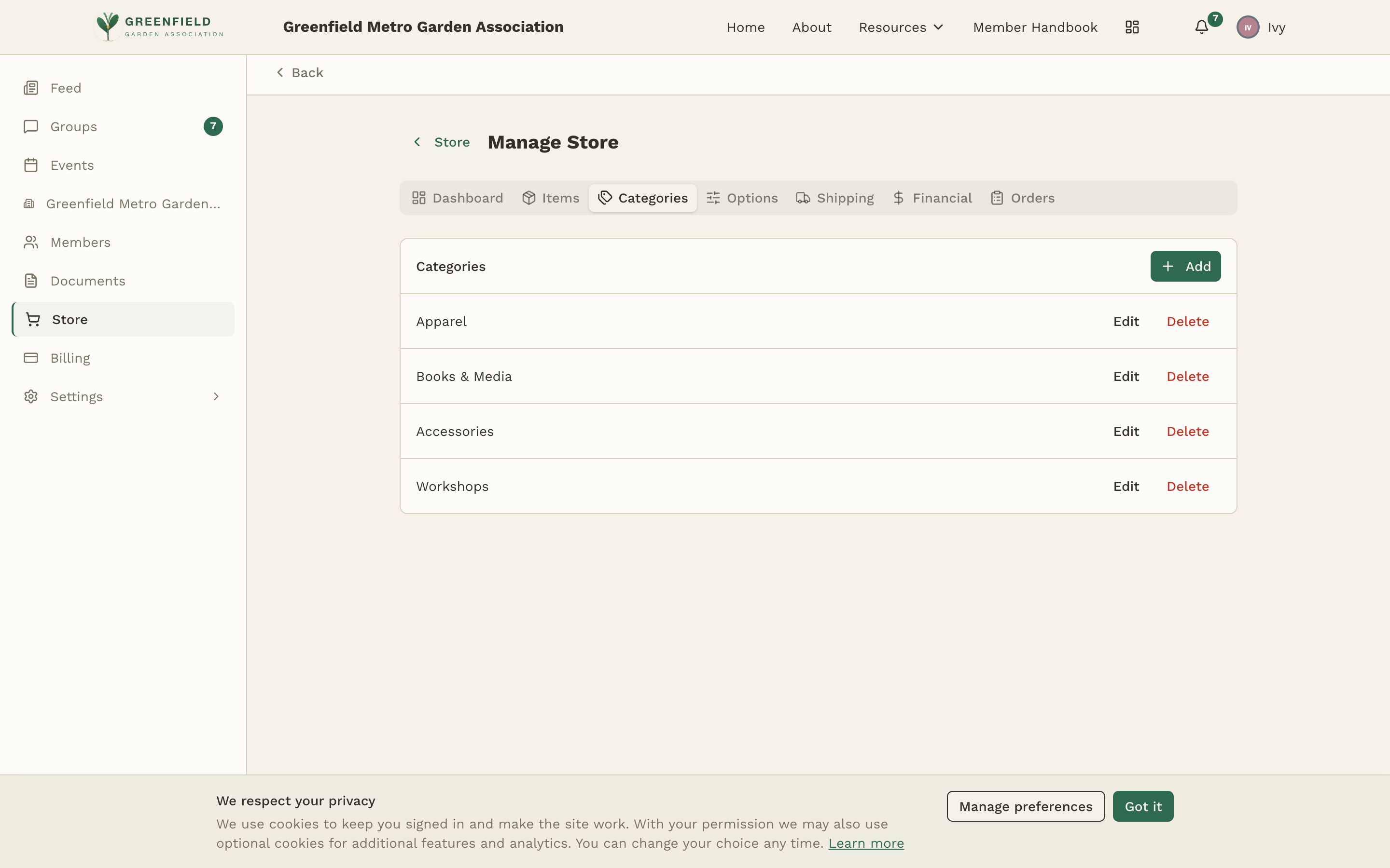 The Categories tab.