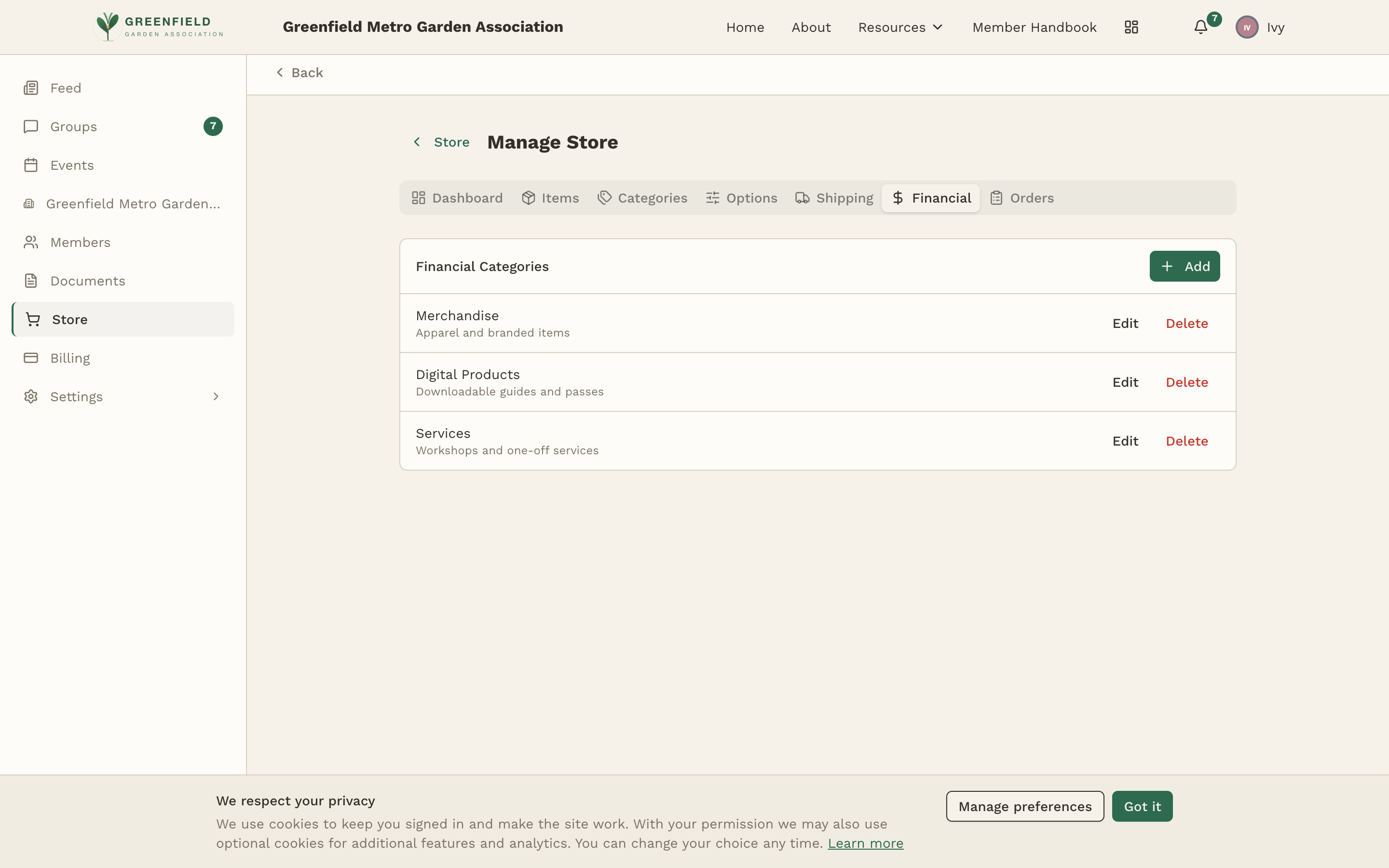 The Financial tab — categories for bookkeeping.