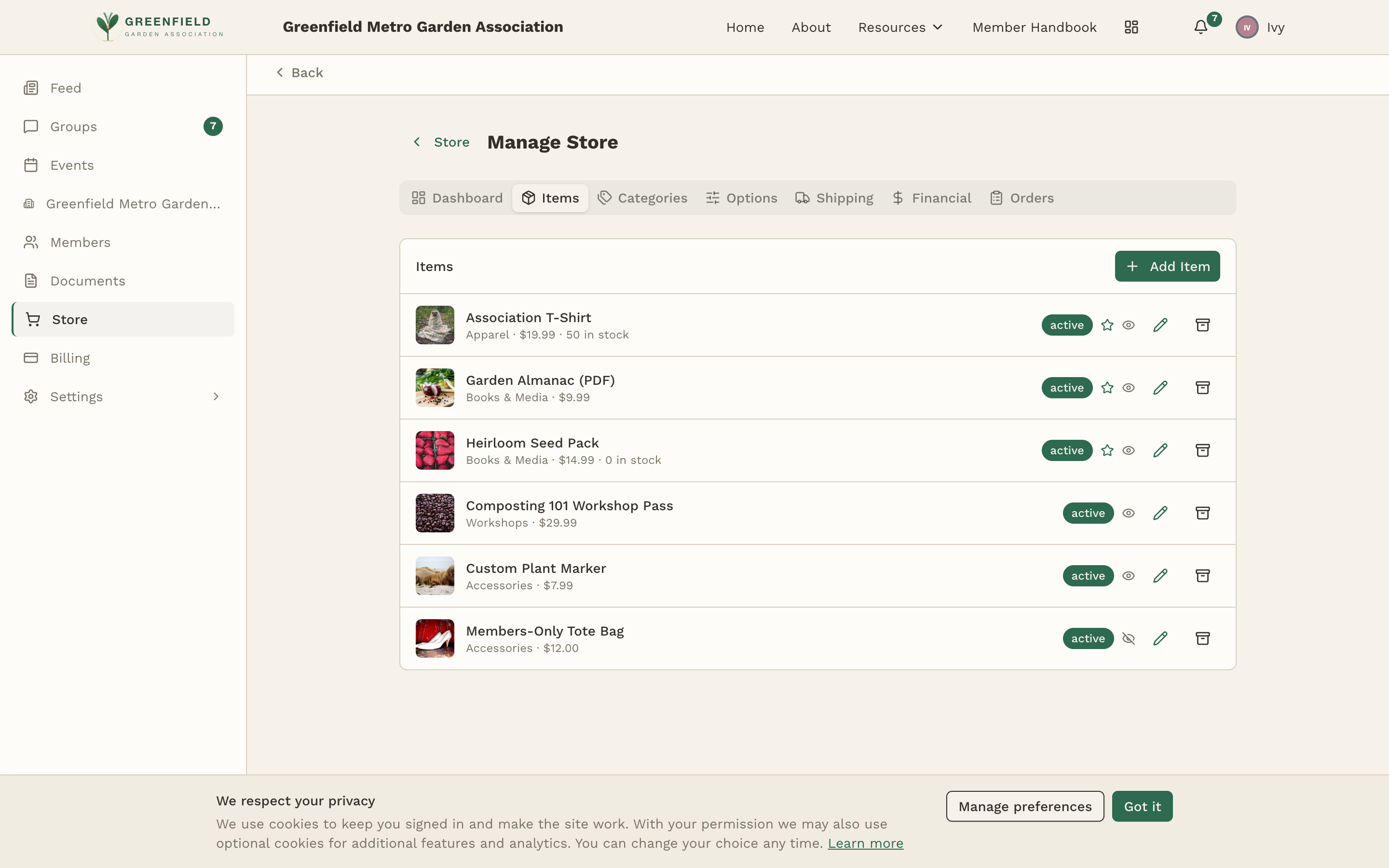 Store management screen with tabs for Dashboard, Items, Categories, Options, Shipping, Financial, and Orders