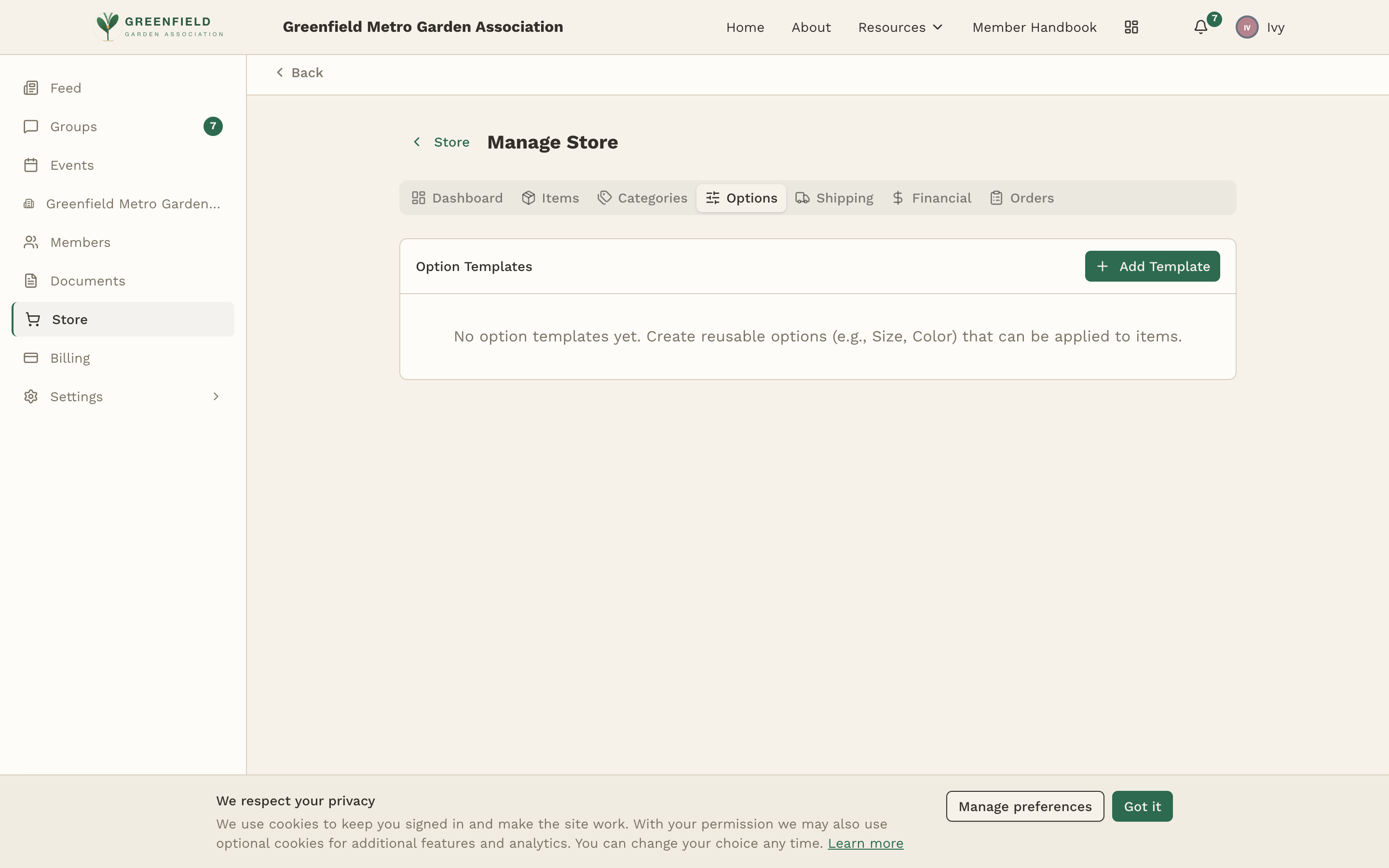 The Options tab — reusable option templates.