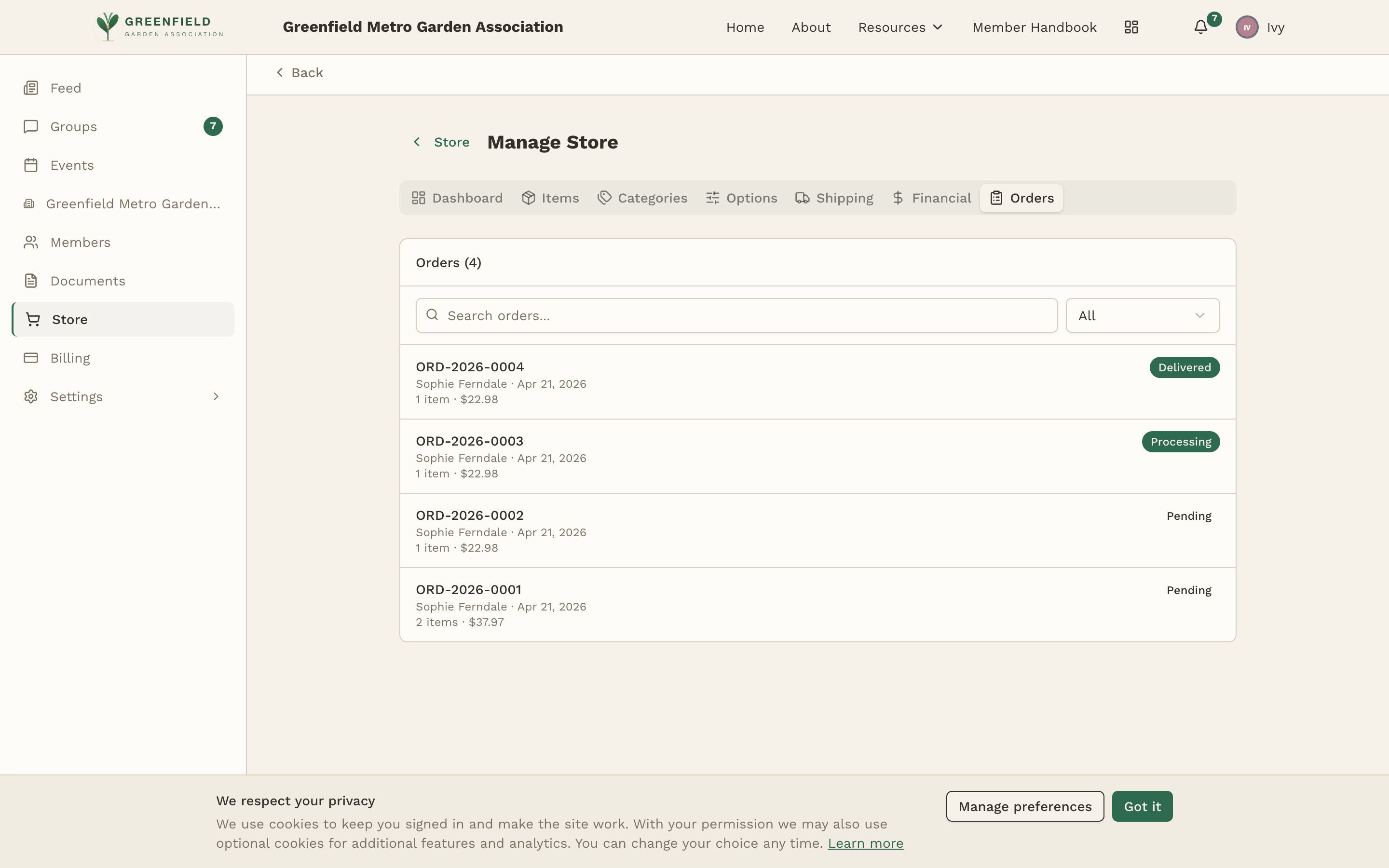 The Orders tab on Store Manage.