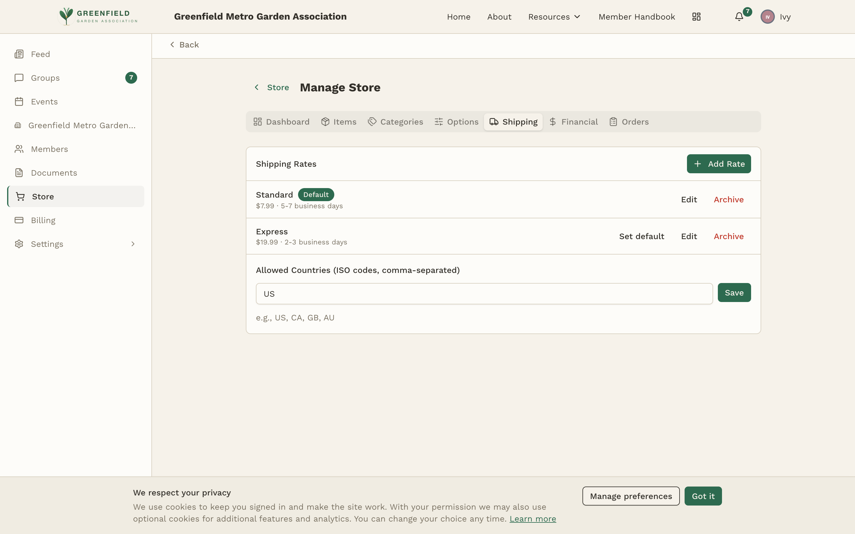 The Shipping tab on Store Manage.