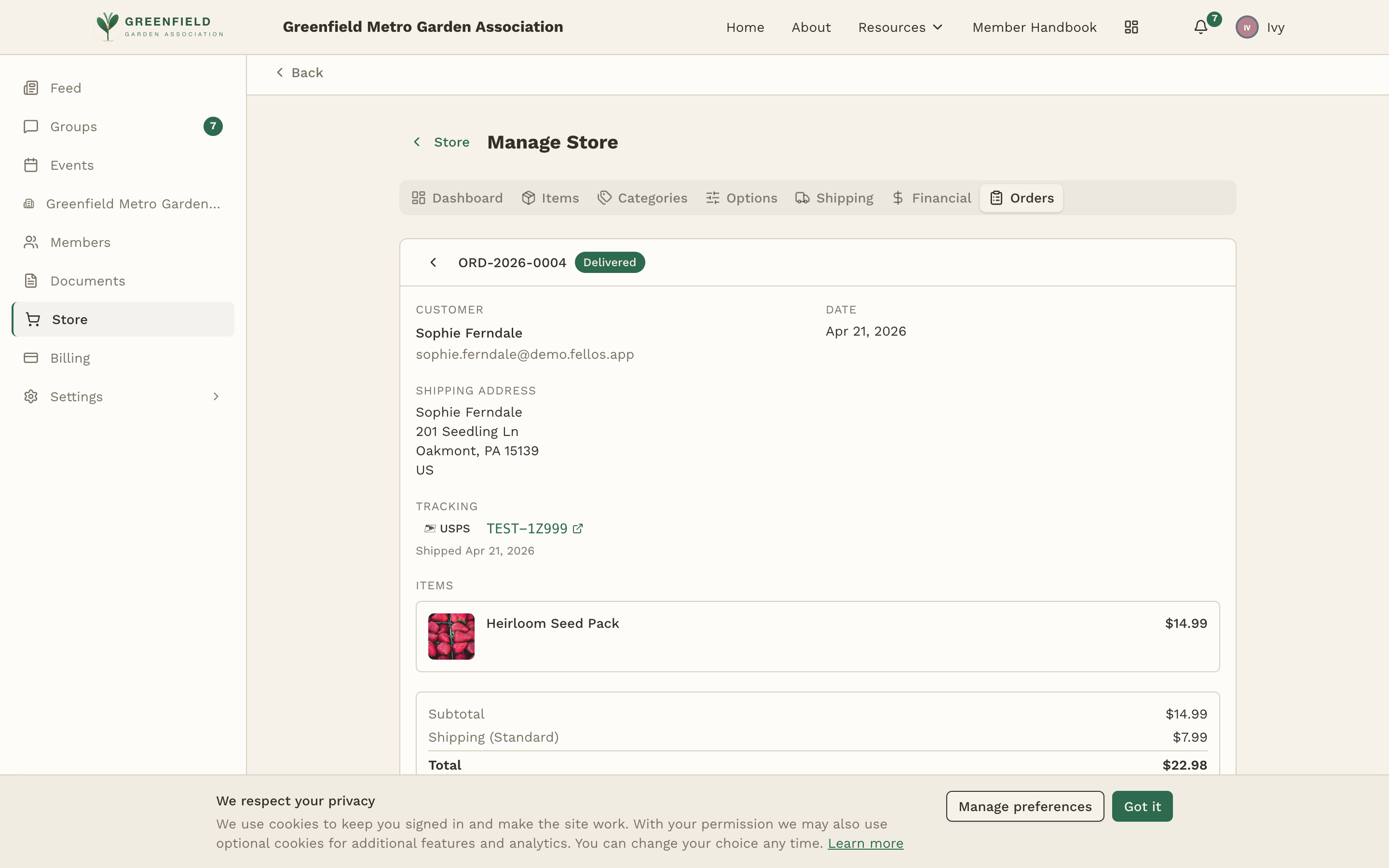 A delivered order showing CUSTOMER, DATE, SHIPPING ADDRESS, TRACKING, ITEMS, and totals.
