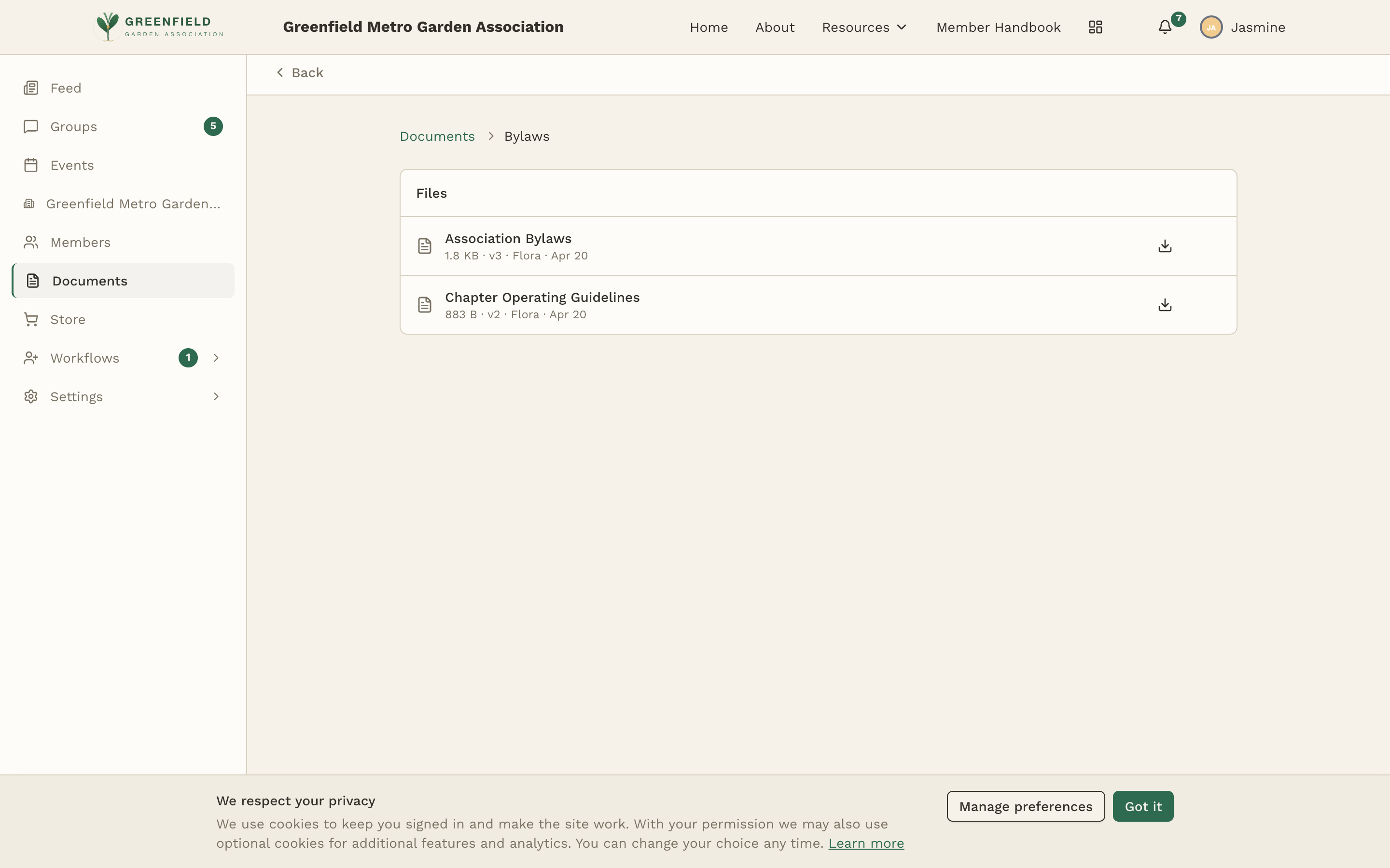 An open Documents folder showing a breadcrumb, a Files section, and two file rows (Association Bylaws and Chapter Operating Guidelines) each with size, version, uploader, time, and a download button.