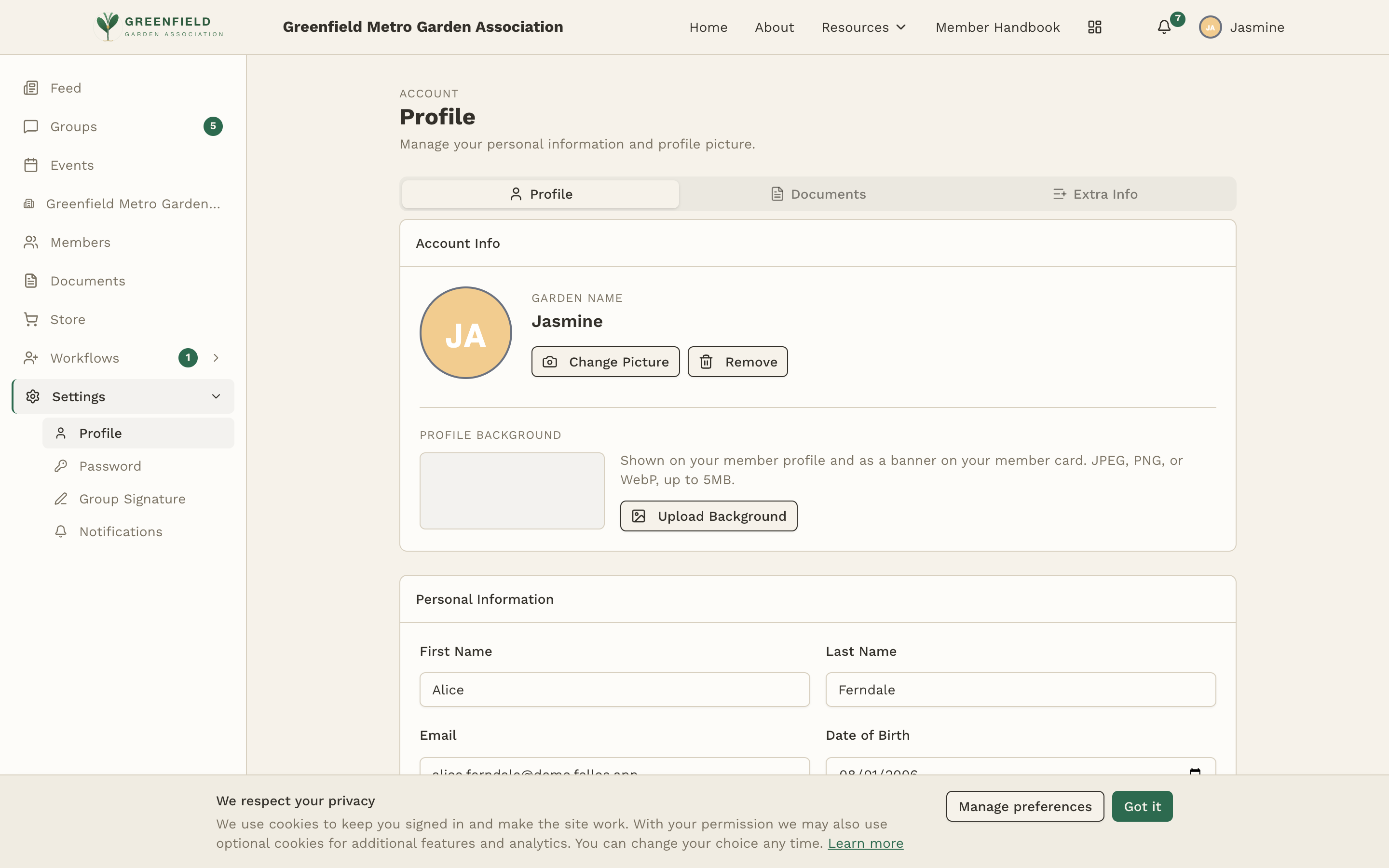 The profile settings page