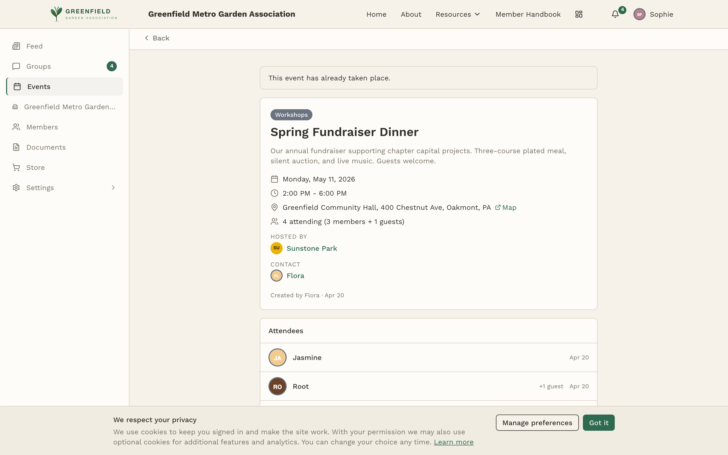 Confirmation page with a large 'You're in!' headline, a ticket QR code under the label 'SHOW AT CHECK-IN', a receipt, and View ticket / Back to event buttons.