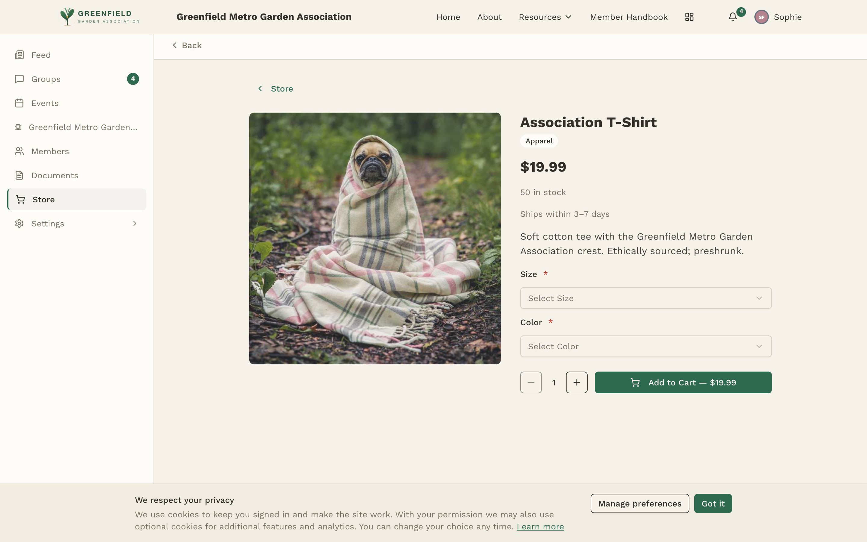 An item detail page — pick options, add to cart.