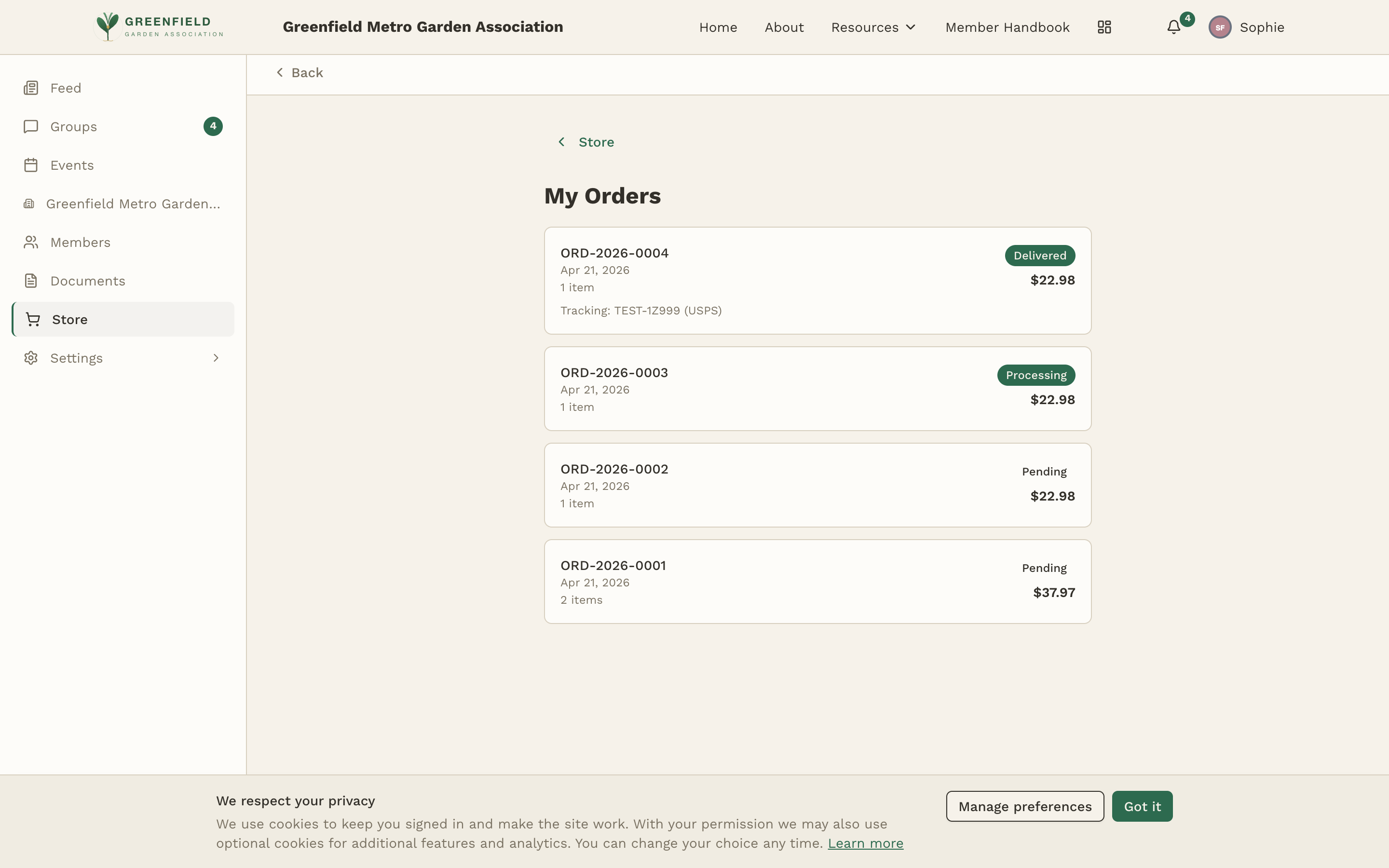 Your order history with status badges.