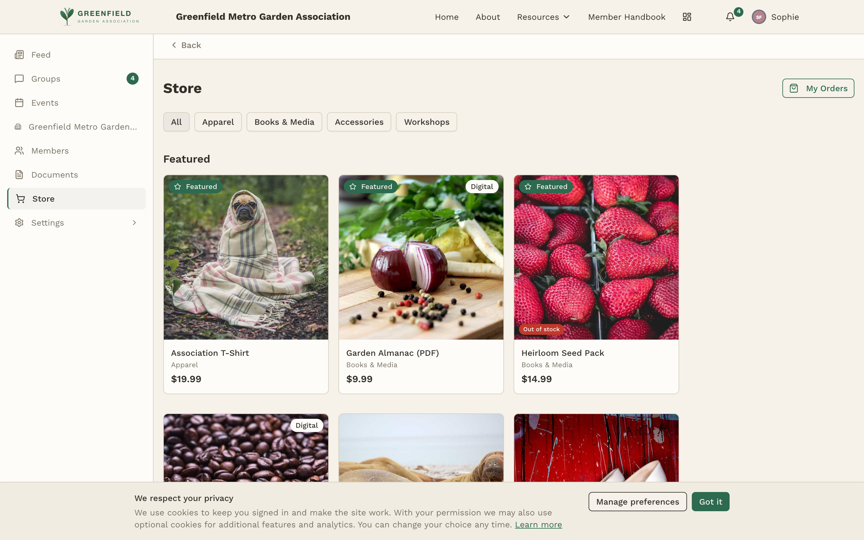 The storefront — featured items up top, filtered by category.
