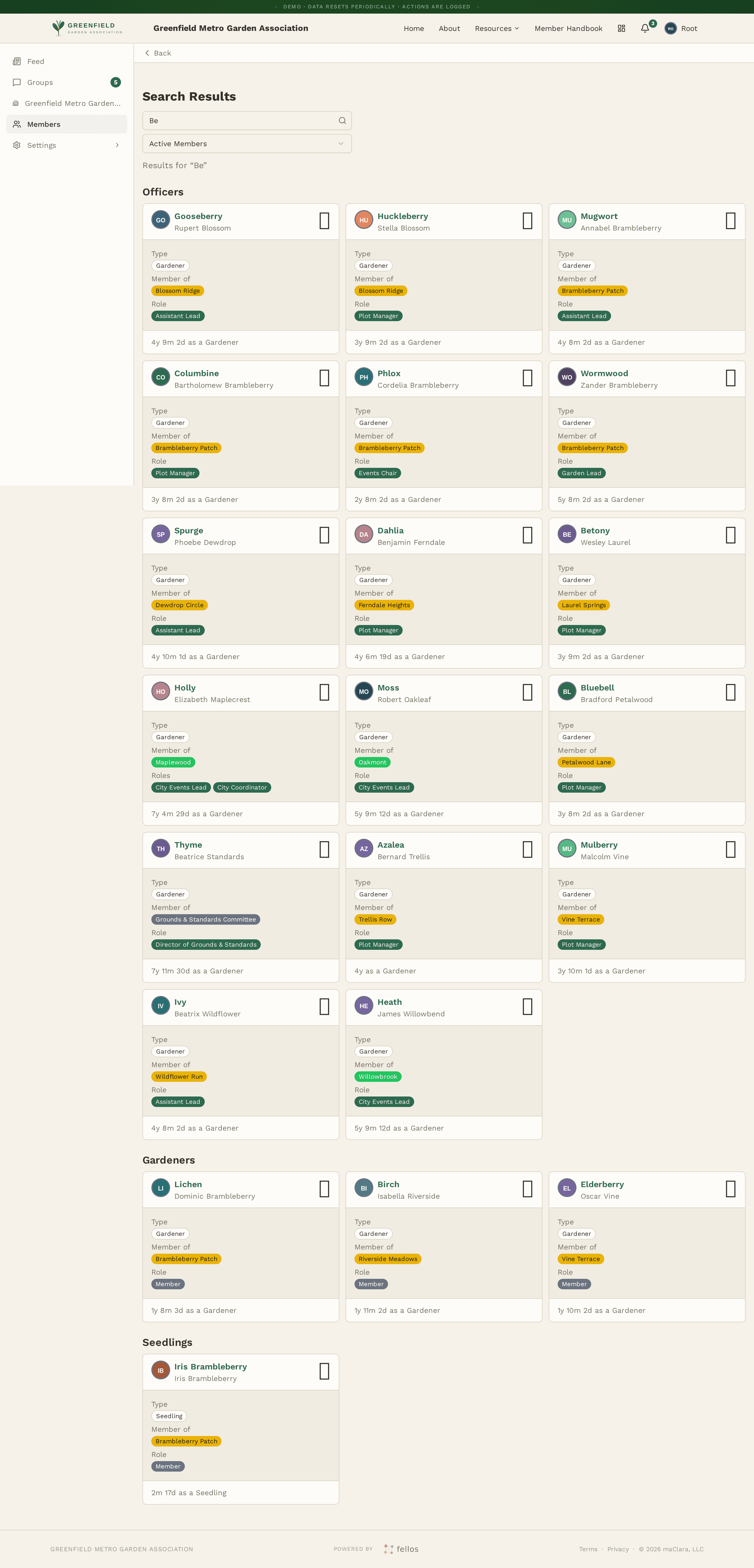fellos member directory with search results showing member cards